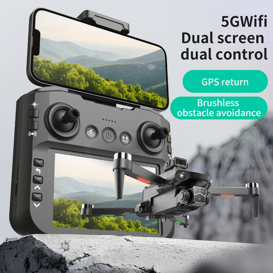 Remote controller with screen display, RC drone, GPS positioning, brushless motor, optical flow positioning, 2500mAh, dual-camera ESC, obstacle avoidance, LED lights, holiday gift, beginner-friendly.