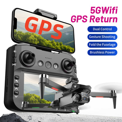 Remote controller with screen display, RC drone, GPS positioning, brushless motor, optical flow positioning, 2500mAh, dual-camera ESC, obstacle avoidance, LED lights, holiday gift, beginner-friendly.