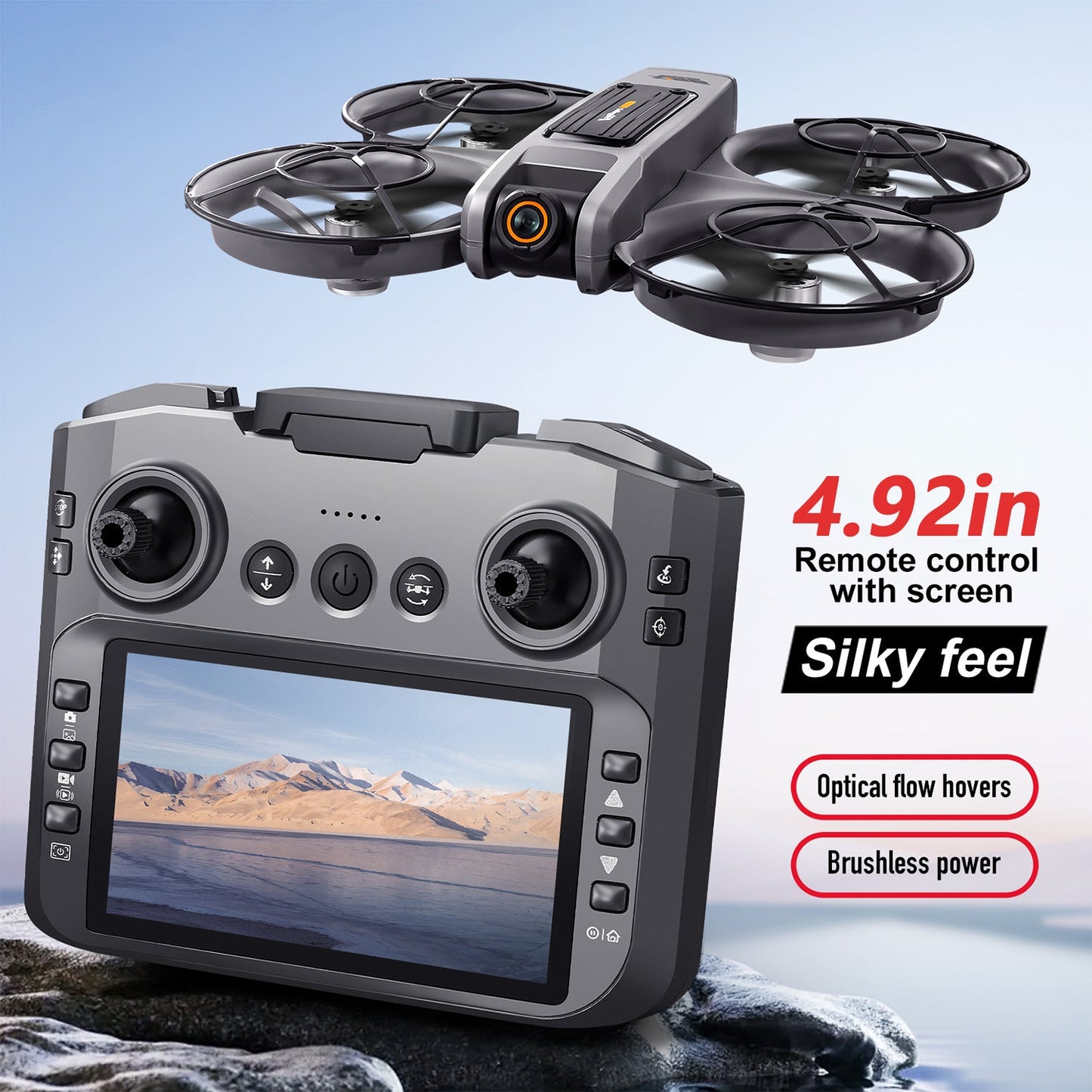 RC Drone with 4.92" Screen Controller, HD Dual Camera, 2 Batteries & 8GB Card, 360° Flip, Brushless Motor, Optical Flow Hover, Propeller Guard, Headless Mode, One-Key Takeoff/Landing, 、Trajectory Flight, Night LED, Beginner-Friendly FPV Adult Quadcopter