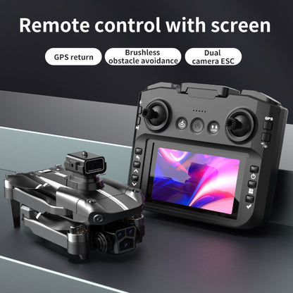 Remote controller with screen display, RC drone, GPS positioning, brushless motor, optical flow positioning, 2500mAh, dual-camera ESC, obstacle avoidance, LED lights, holiday gift, beginner-friendly.