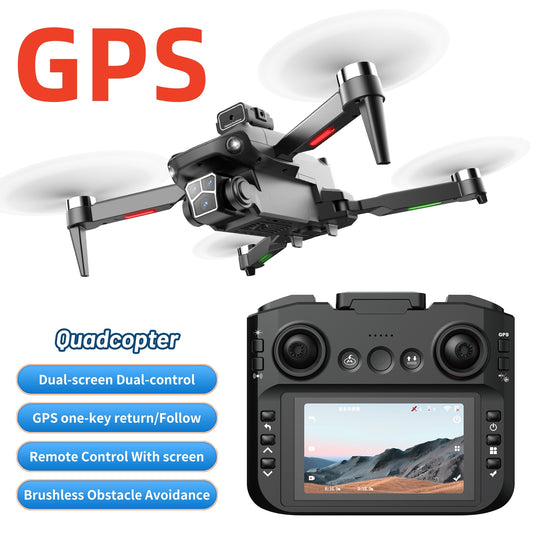 Remote controller with screen display, RC drone, GPS positioning, brushless motor, optical flow positioning, 2500mAh, dual-camera ESC, obstacle avoidance, LED lights, holiday gift, beginner-friendly.