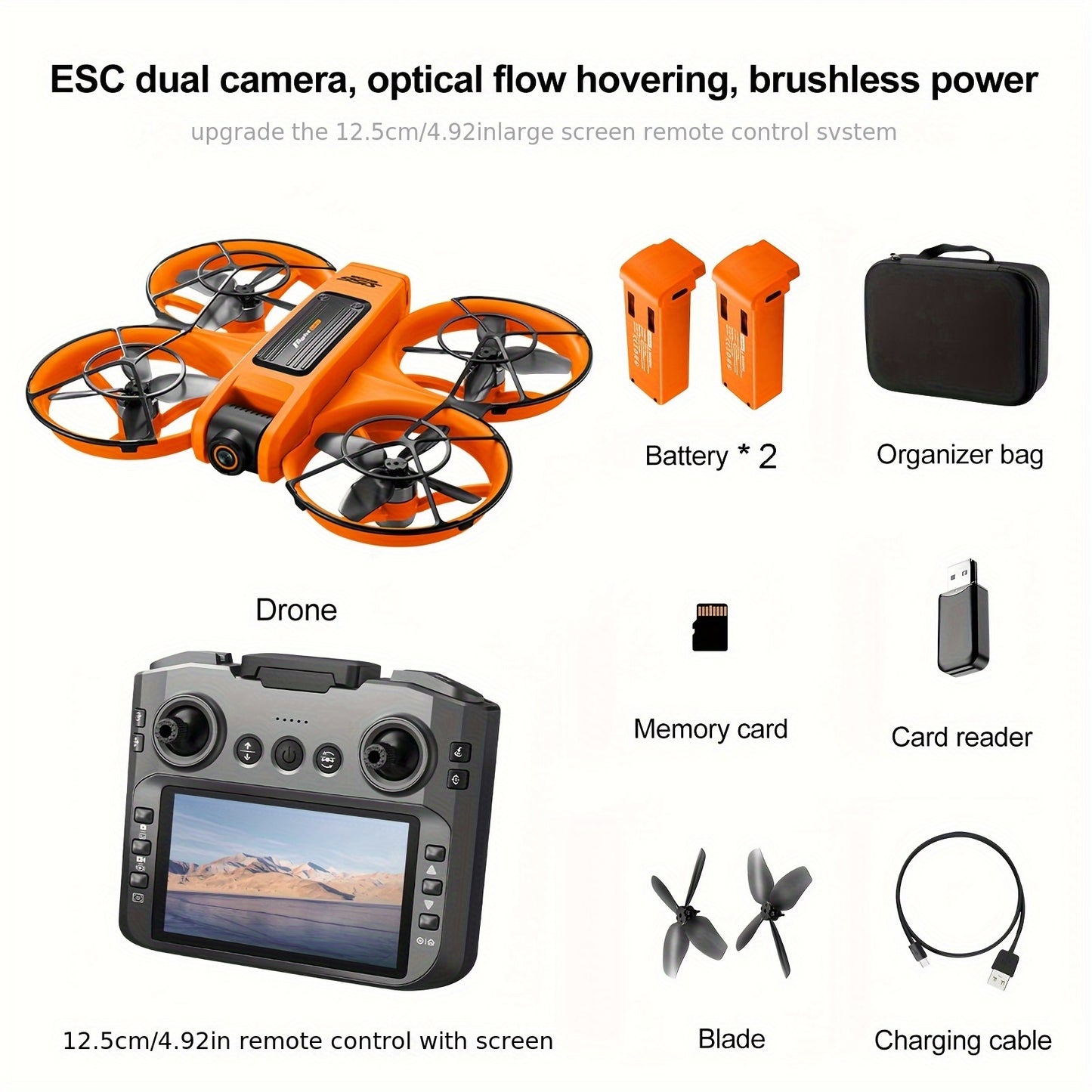 RC Drone with 4.92" Screen Controller, HD Dual Camera, 2 Batteries & 8GB Card, 360° Flip, Brushless Motor, Optical Flow Hover, Propeller Guard, Headless Mode, One-Key Takeoff/Landing, 、Trajectory Flight, Night LED, Beginner-Friendly FPV Adult Quadcopter