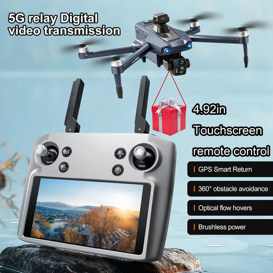 Airdrop Drone, GPS Positioning, 4.92" Touchscreen Remote, 2.7K 3-Axis Gimbal & Dual Cameras, 2 Batteries for 50 Mins Flight, 4-Way Obstacle Avoidance, Optical Flow Positioning, Smart Follow, Brushless Motor, Foldable Portable FPV Quadcopter for Adults