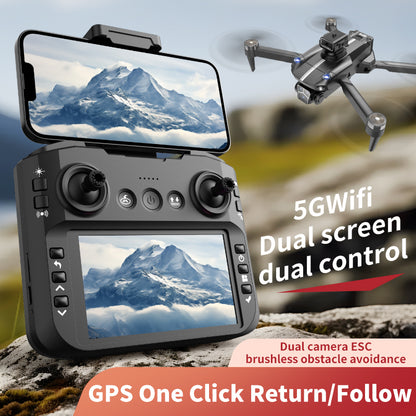 Remote controller with screen display, RC drone, GPS positioning, brushless motor, optical flow positioning, 2500mAh, dual-camera ESC, obstacle avoidance, LED lights, holiday gift, beginner-friendly.