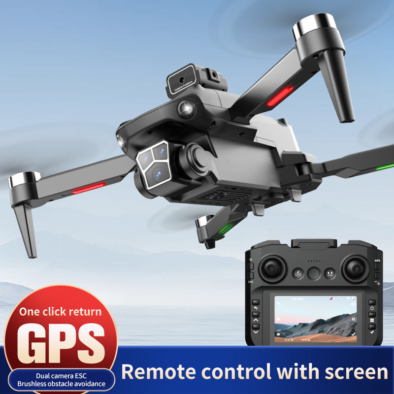 Remote controller with screen display, RC drone, GPS positioning, brushless motor, optical flow positioning, 2500mAh, dual-camera ESC, obstacle avoidance, LED lights, holiday gift, beginner-friendly.