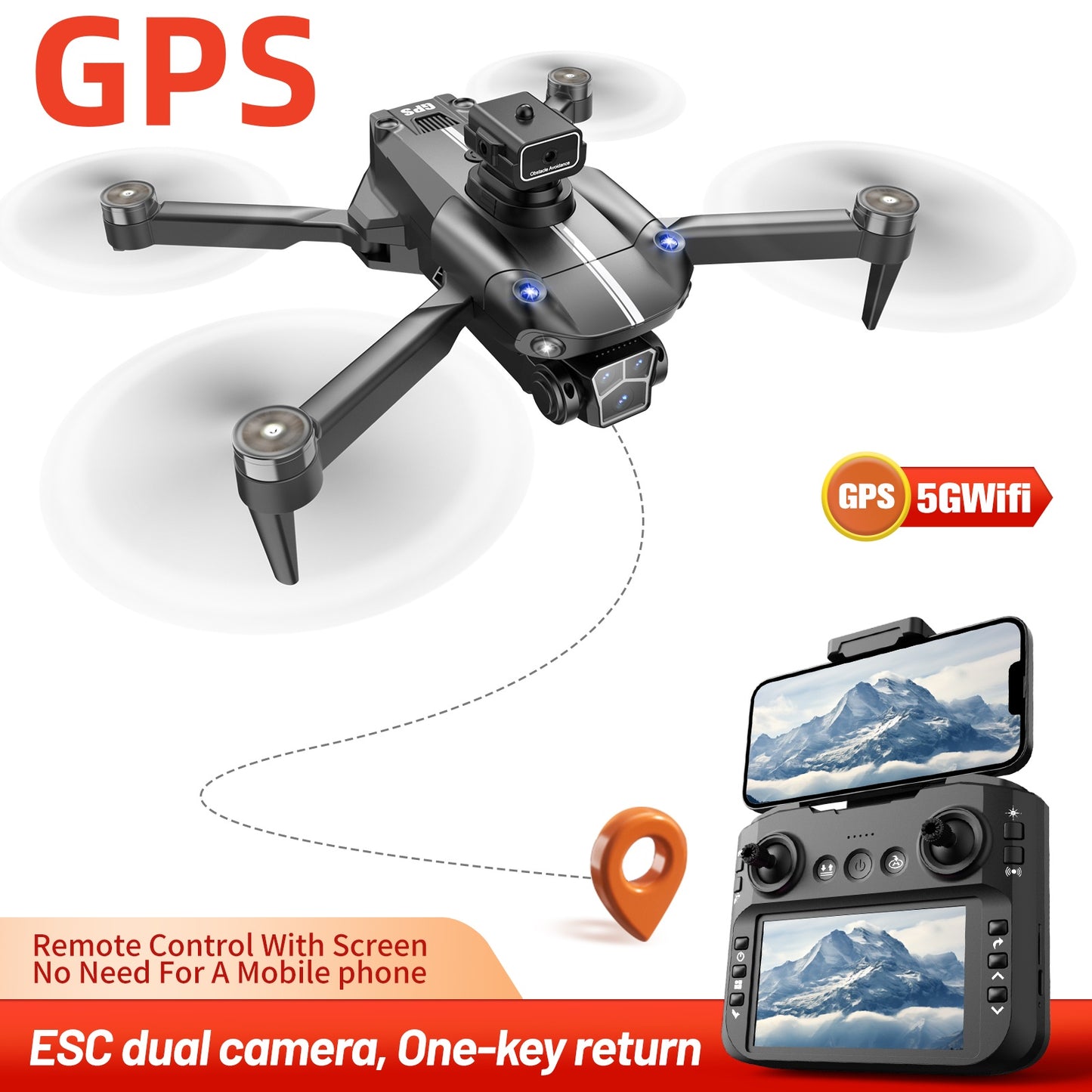 Remote controller with screen display, RC drone, GPS positioning, brushless motor, optical flow positioning, 2500mAh, dual-camera ESC, obstacle avoidance, LED lights, holiday gift, beginner-friendly.