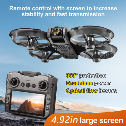RC Drone with 4.92" Screen Controller, HD Dual Camera, 2 Batteries & 8GB Card, 360° Flip, Brushless Motor, Optical Flow Hover, Propeller Guard, Headless Mode, One-Key Takeoff/Landing, 、Trajectory Flight, Night LED, Beginner-Friendly FPV Adult Quadcopter