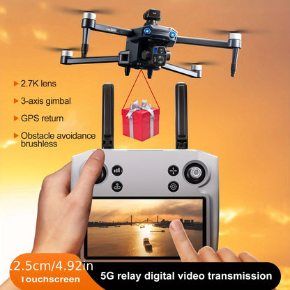 Airdrop Drone, GPS Positioning, 4.92" Touchscreen Remote, 2.7K 3-Axis Gimbal & Dual Cameras, 2 Batteries for 50 Mins Flight, 4-Way Obstacle Avoidance, Optical Flow Positioning, Smart Follow, Brushless Motor, Foldable Portable FPV Quadcopter for Adults