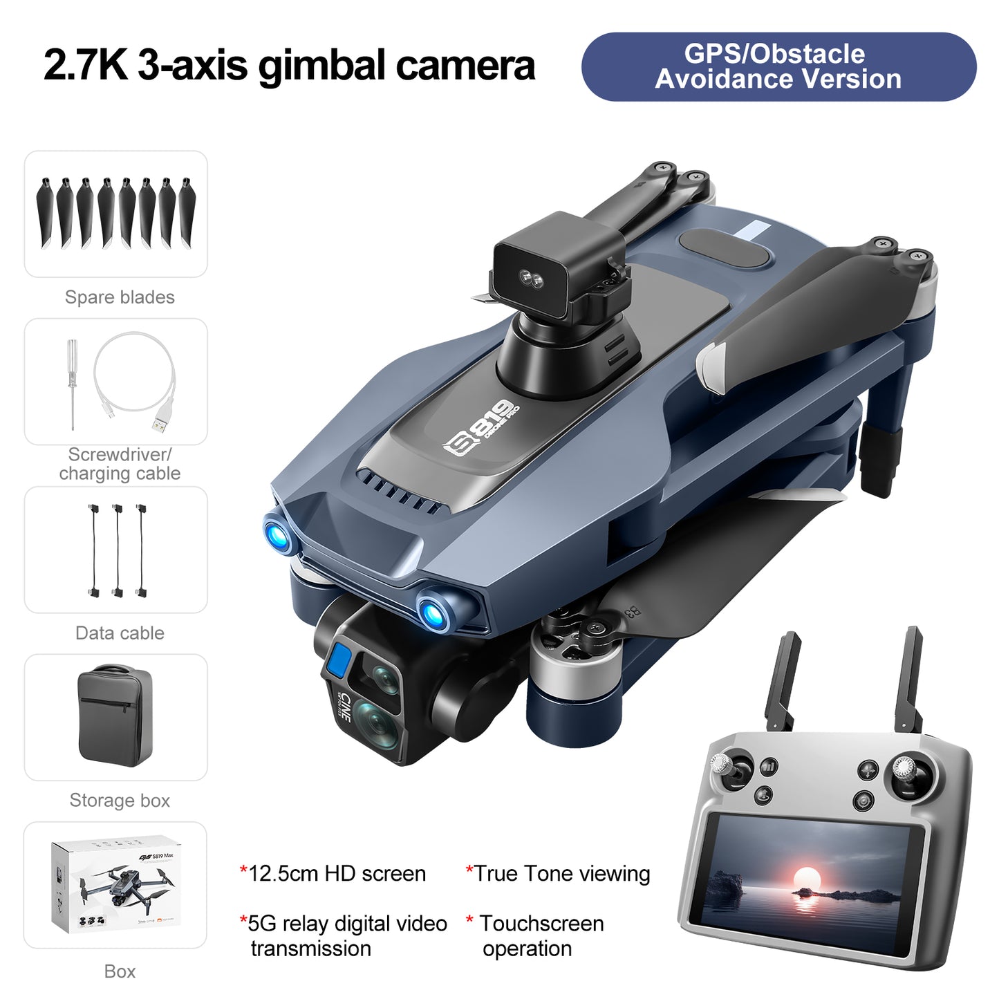 Airdrop Drone, GPS Positioning, 4.92" Touchscreen Remote, 2.7K 3-Axis Gimbal & Dual Cameras, 2 Batteries for 50 Mins Flight, 4-Way Obstacle Avoidance, Optical Flow Positioning, Smart Follow, Brushless Motor, Foldable Portable FPV Quadcopter for Adults