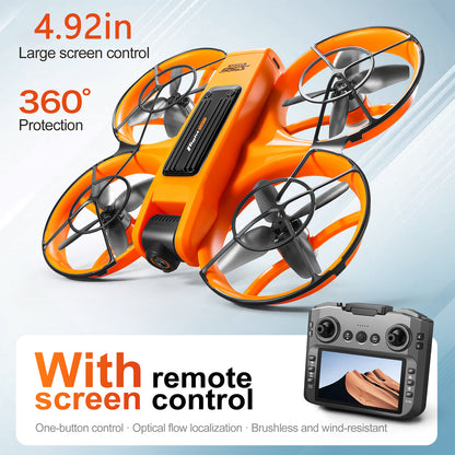 RC Drone with 4.92" Screen Controller, HD Dual Camera, 2 Batteries & 8GB Card, 360° Flip, Brushless Motor, Optical Flow Hover, Propeller Guard, Headless Mode, One-Key Takeoff/Landing, 、Trajectory Flight, Night LED, Beginner-Friendly FPV Adult Quadcopter