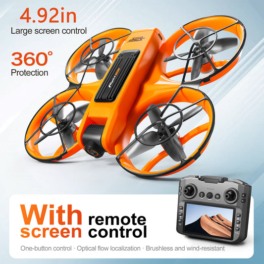 RC Drone with 4.92" Screen Controller, HD Dual Camera, 2 Batteries & 8GB Card, 360° Flip, Brushless Motor, Optical Flow Hover, Propeller Guard, Headless Mode, One-Key Takeoff/Landing, 、Trajectory Flight, Night LED, Beginner-Friendly FPV Adult Quadcopter