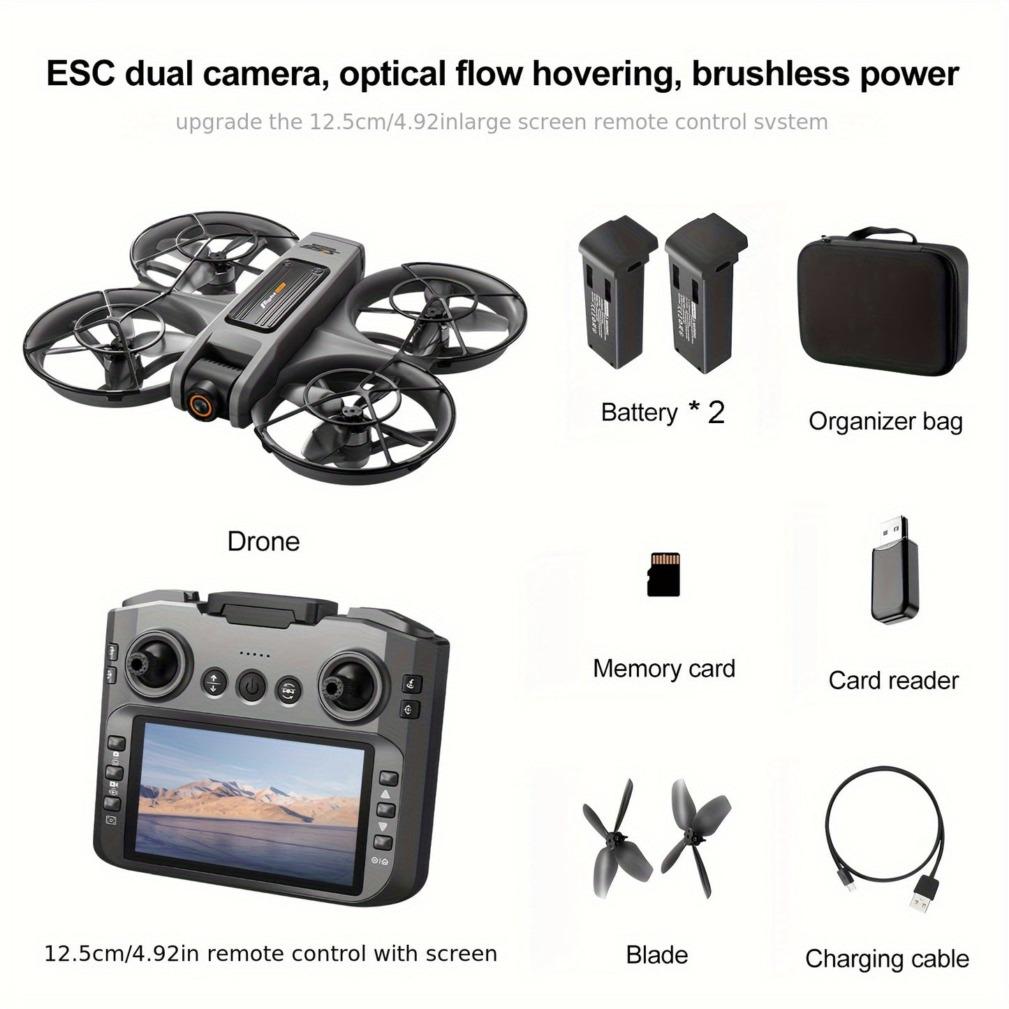 RC Drone with 4.92" Screen Controller, HD Dual Camera, 2 Batteries & 8GB Card, 360° Flip, Brushless Motor, Optical Flow Hover, Propeller Guard, Headless Mode, One-Key Takeoff/Landing, 、Trajectory Flight, Night LED, Beginner-Friendly FPV Adult Quadcopter