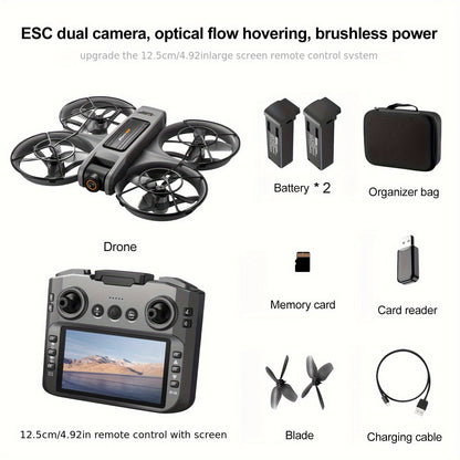 RC Drone with 4.92" Screen Controller, HD Dual Camera, 2 Batteries & 8GB Card, 360° Flip, Brushless Motor, Optical Flow Hover, Propeller Guard, Headless Mode, One-Key Takeoff/Landing, 、Trajectory Flight, Night LED, Beginner-Friendly FPV Adult Quadcopter