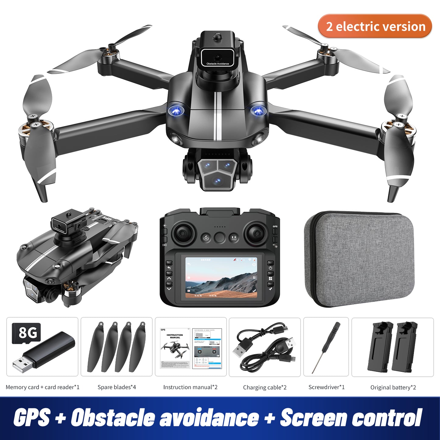 Remote controller with screen display, RC drone, GPS positioning, brushless motor, optical flow positioning, 2500mAh, dual-camera ESC, obstacle avoidance, LED lights, holiday gift, beginner-friendly.