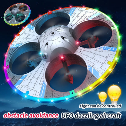Round Foam RC UFO Drone with Camera, Smart Obstacle Avoidance, Color Switching LED Lights, 360° Flips, Throw-to-Fly, Speed Adjustment, One-Key Takeoff/Landing, Headless Mode, Altitude Hold, Image Transmission, Beginner-Friendly FPV Quadcopter.